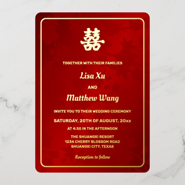 Floral Red Gold Chinese Wedding Foil Invitation (Front)