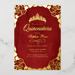 Floral Red Gold Crown Quinceanera Foil Invitation