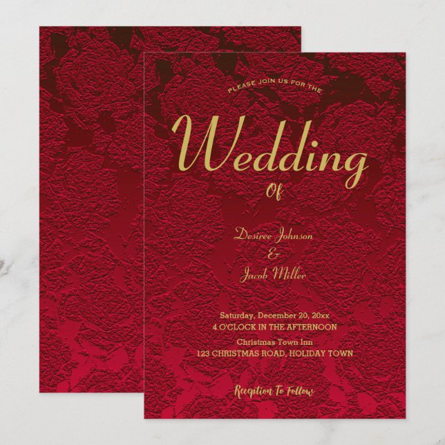 Floral Red Gold Elegant Modern Wedding Invitation (Front/Back)