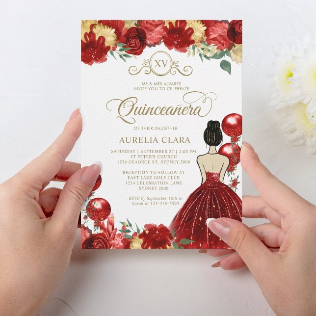 Floral Red Gold Princess XV Quinceañera Birthday Invitation (Creator Uploaded)