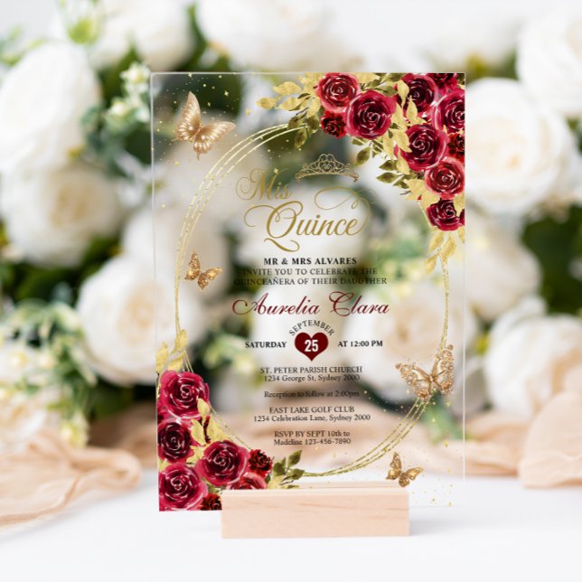 Floral Red Gold Tiara Butterfly Mis Quinceañera Acrylic Invitations (Creator Uploaded)