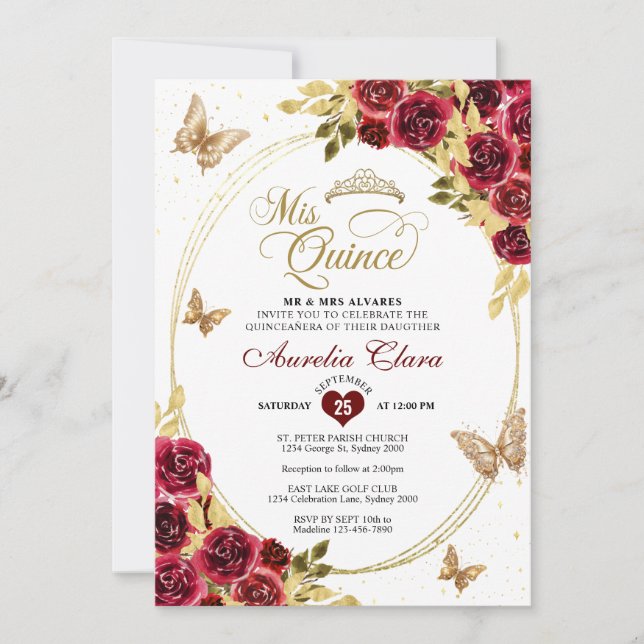 Floral Red Gold Tiara Butterfly Mis Quinceañera Invitation (Front)