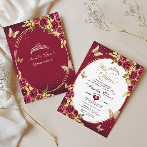 Floral Red Gold Tiara Butterfly Mis Quinceaera Invitation