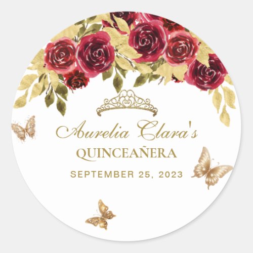 Floral Red Gold Tiara Butterfly Quinceaera Classic Round Sticker