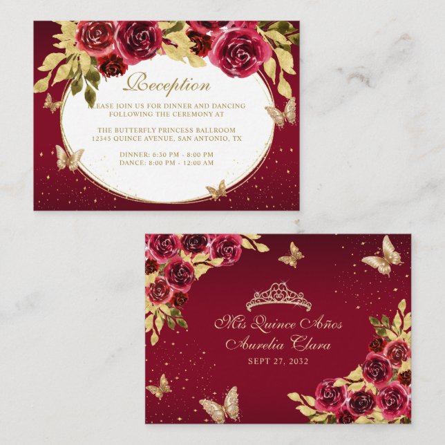 Floral Red Gold Tiara Butterfly Quinceañera Enclosure Card (Front/Back)