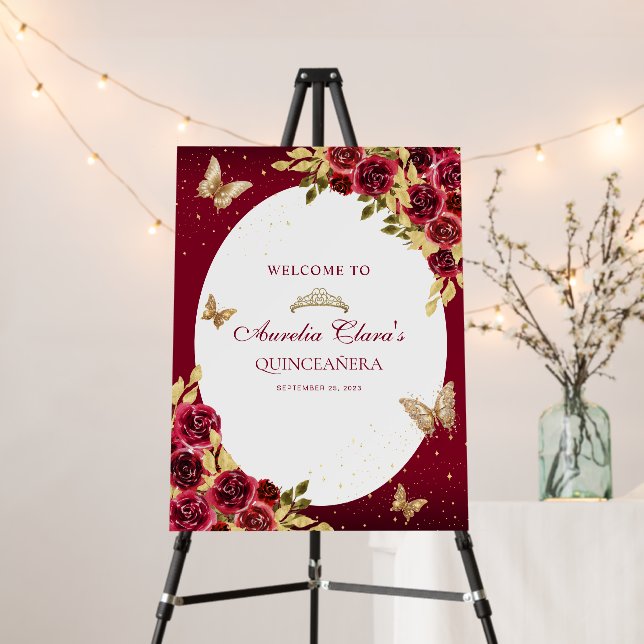 Floral Red Gold Tiara Butterfly Quinceañera Foam Board (In Situ (Stand))