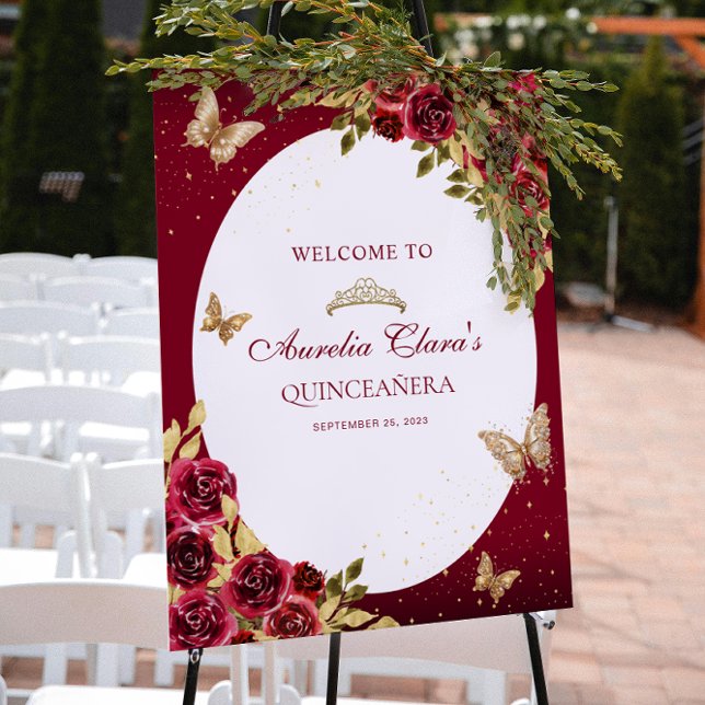 Floral Red Gold Tiara Butterfly Quinceañera Poster (Creator Uploaded)