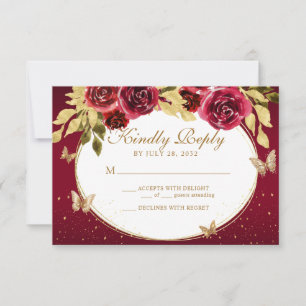 Floral Red Gold Tiara Butterfly Quinceañera RSVP Card