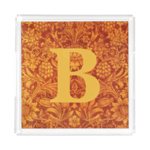 Floral Red & Golden Yellow Wm Morris with Initial Acrylic Tray