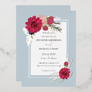 Floral Red Green Bridal Wedding  Foil Invitation