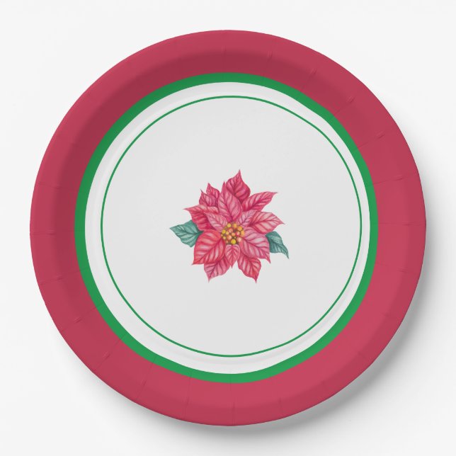 Floral Red & Green Christmas Party  Paper Plates (Front)