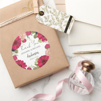 Floral Red Green Wedding Thank You Classic Round Sticker