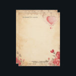 Floral Red Heart Vintage Valentines Day Personized Letterhead<br><div class="desc">Elegant,  Rustic and whimsical letterhead featuring watercolor illustrations of pretty red hear and red rose flowers on vintage old paper background . This love -inspired notepad is perfect as a personalized gift.</div>