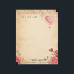 Floral Red Heart Vintage Valentines Day Personized Letterhead<br><div class="desc">Elegant,  Rustic and whimsical letterhead featuring watercolor illustrations of pretty red hear and red rose flowers on vintage old paper background . This love -inspired notepad is perfect as a personalized gift.</div>