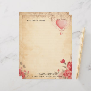 Floral Red Heart Vintage Valentines Day Personized Letterhead