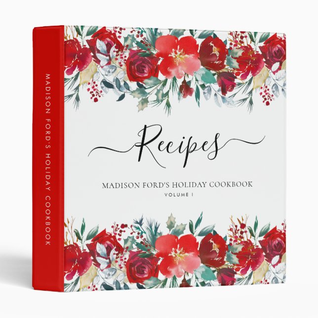 Floral Red Holly Christmas Holiday Kitchen Recipe 3 Ring Binder (Front/Spine)