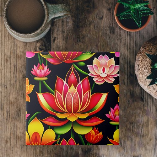 Floral Red Lotus Flower Illustration Ceramic Tile