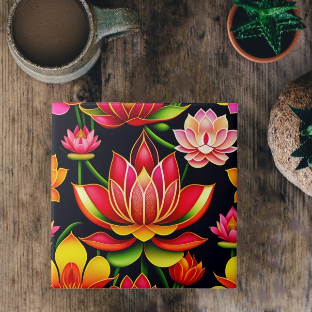 Floral Red Lotus Flower Illustration Ceramic Tile (Creator Uploaded)