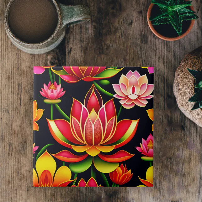Floral Red Lotus Flower Illustration Ceramic Tile | Zazzle