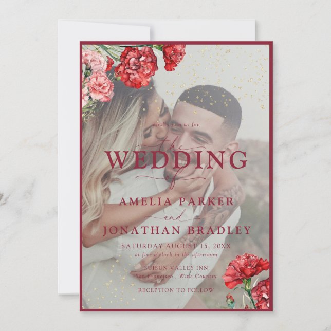 Floral Red Marble Script Overlay Wedding Invitati Invitation (Front)