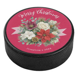 Floral Red Merry Christmas Custom Holiday Hockey Puck