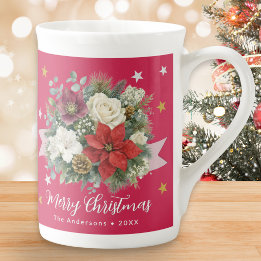 Floral Red Merry Christmas Family Name Bone China Mug