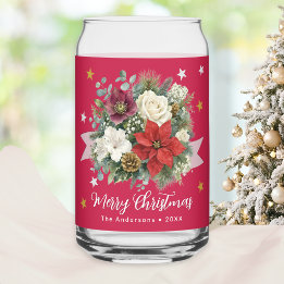 Floral Red Merry Christmas Family Name Can Glass
