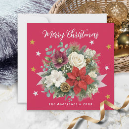 Floral Red Merry Christmas Family Name Holiday Card