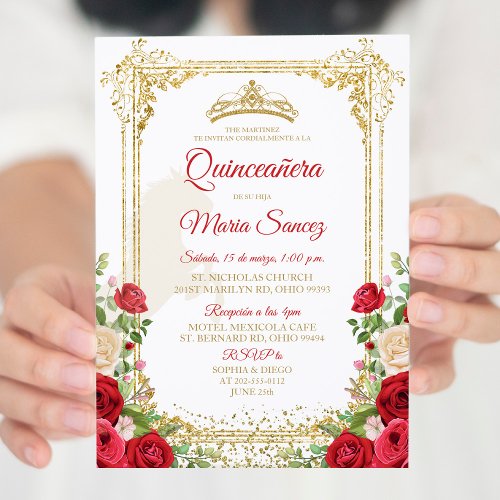 Floral Red Mexican Girl Crown Sweet 15th Birthday Invitation