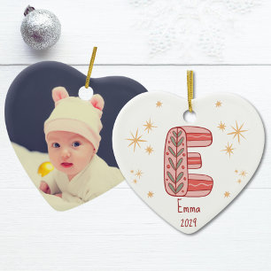 Floral Red Modern Initial Stars Ceramic Ornament