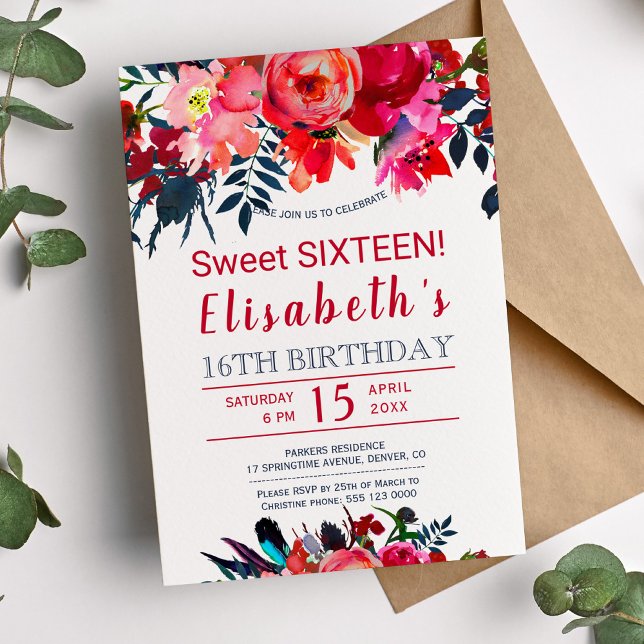 Floral red navy boho peony flowers sweet sixteen invitation (Creator Uploaded)