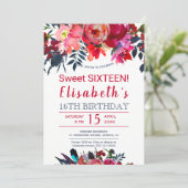 Floral red navy boho peony flowers sweet sixteen invitation (Standing Front)