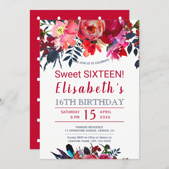 Floral red navy boho peony flowers sweet sixteen invitation (Front/Back)