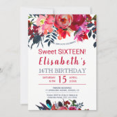 Floral red navy boho peony flowers sweet sixteen invitation (Front)