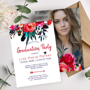 Floral red navy bouquet PHOTO graduation party Invitation