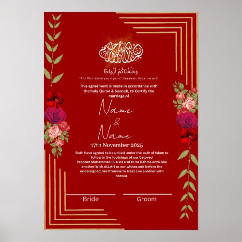 Floral red nikkah certificate poster
