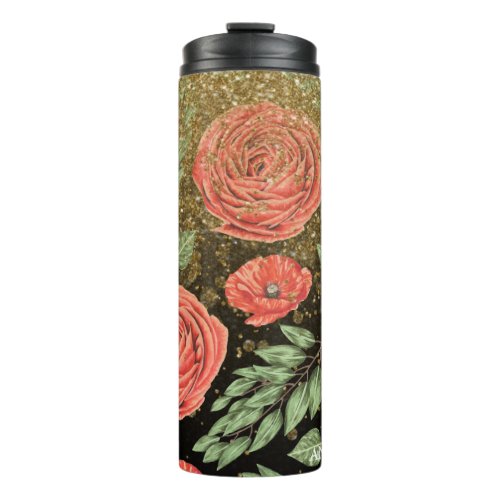  Floral Red PEONY POPPY Gold Glitter Thermal Tumbler