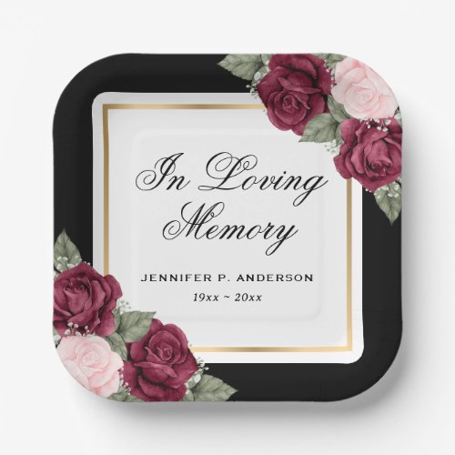 Floral Red Pink Black Gold In Loving Memory Paper Plates