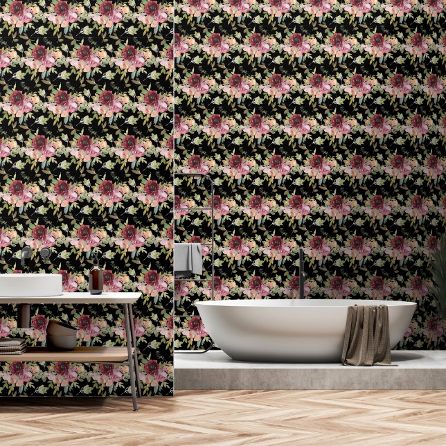 Floral Red Pink Black Wallpaper (Bathroom)