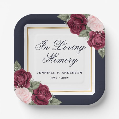 Floral Red Pink Blue Gold In Loving Memory Paper Plates