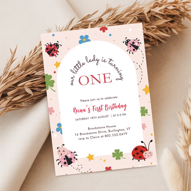 Floral Red Pink Cute Bug Ladybug 1st Birthday Invitation (Creator Uploaded)