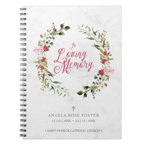 Floral Red  Pink Garland Funeral Condolences Notebook
