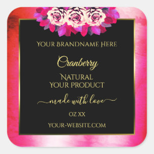 Floral Red Pink Marble Pattern Black Product Label