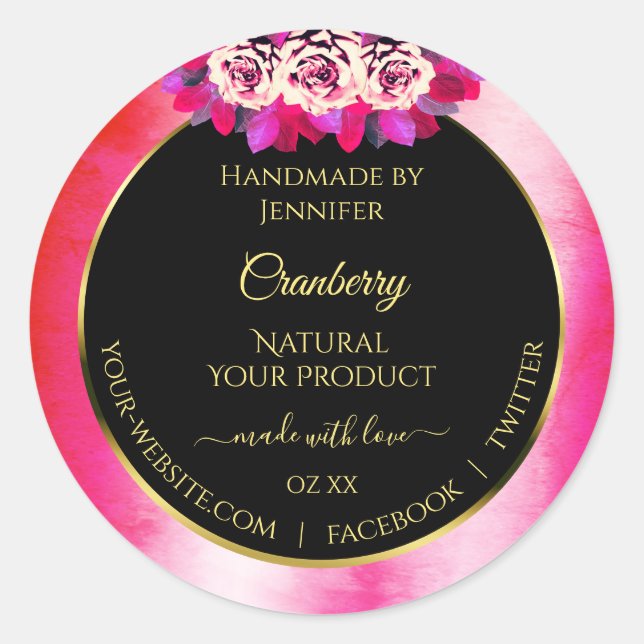 Floral Red Pink Marble Pattern Black Product Label (Front)