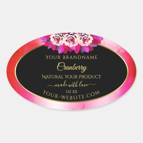 Floral Red Pink Marble Pattern Black Product Label