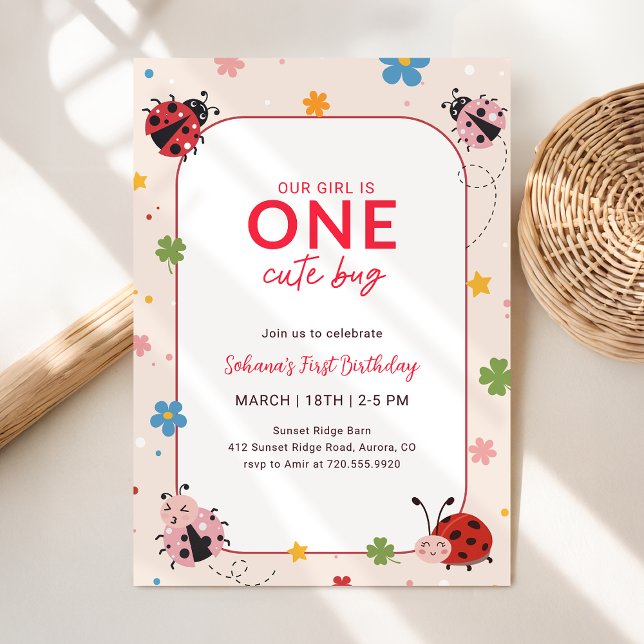 Floral Red Pink One Cute Bug Ladybug 1st Birthday Invitation (Creator Uploaded)