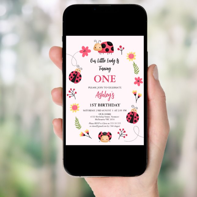 Floral Red Pink Our Little Ladybug 1st Birthday Invitation (Front Digital)