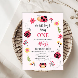 Floral Red Pink Our Little Ladybug 1st Birthday Invitation
