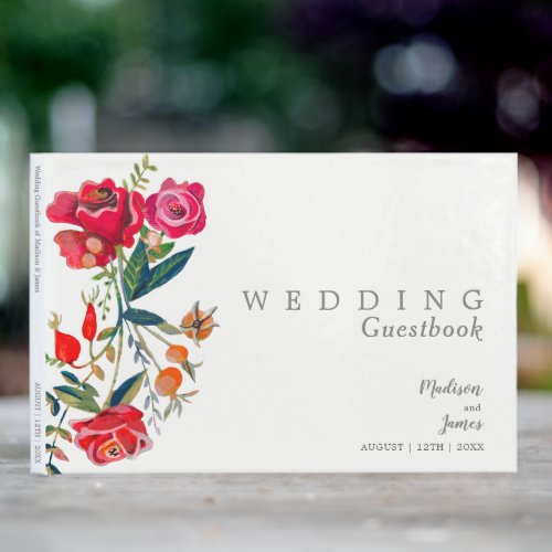 Floral red pink roses Wedding Guest Book