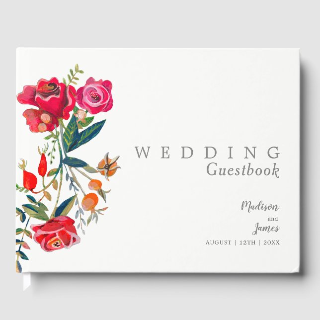 Floral red pink roses Wedding Guest Book (Front)